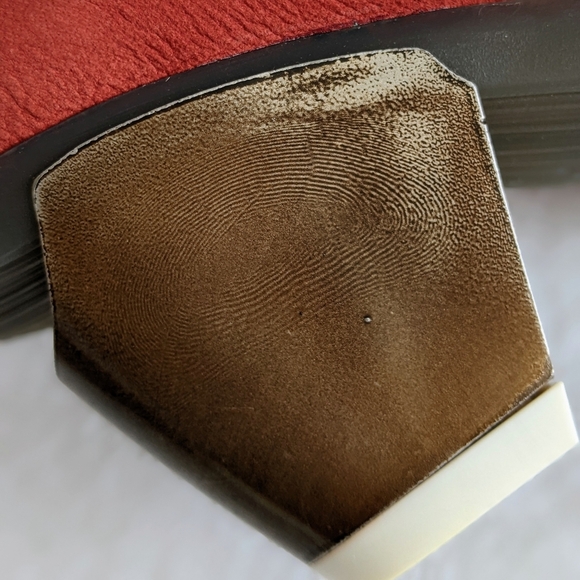 FLY London Suede Peep Toe Beveled Metallic Heel Burnt Orange EU40 9-9.5 NWOB - Picture 12 of 16